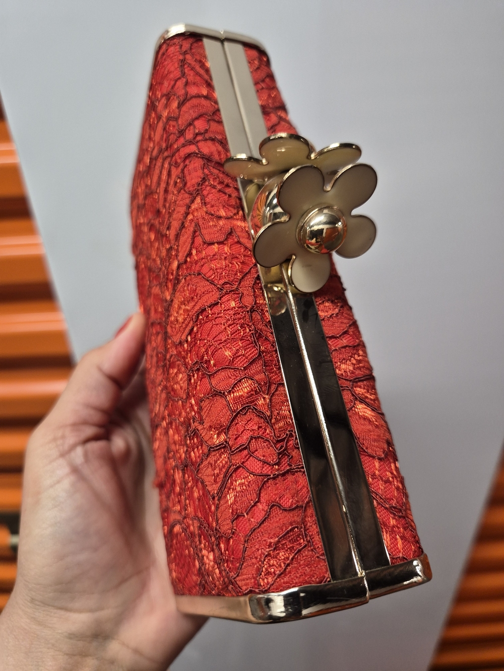 Fashion Forms Red Lace Clutch with Gold Flower Clasp